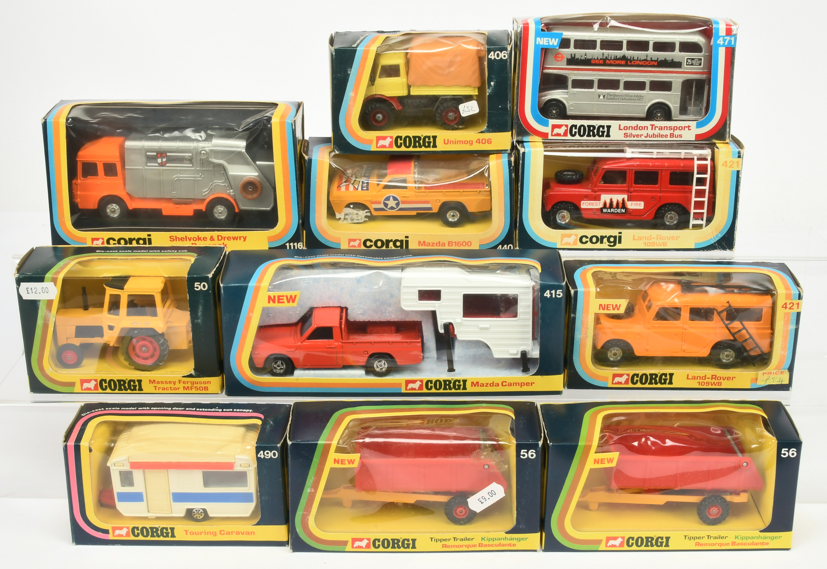 Corgi Toys Group Of 11 To Include - 50 Massey Ferguson Tractor, 421 Land Rover, 490 Touring Carav...