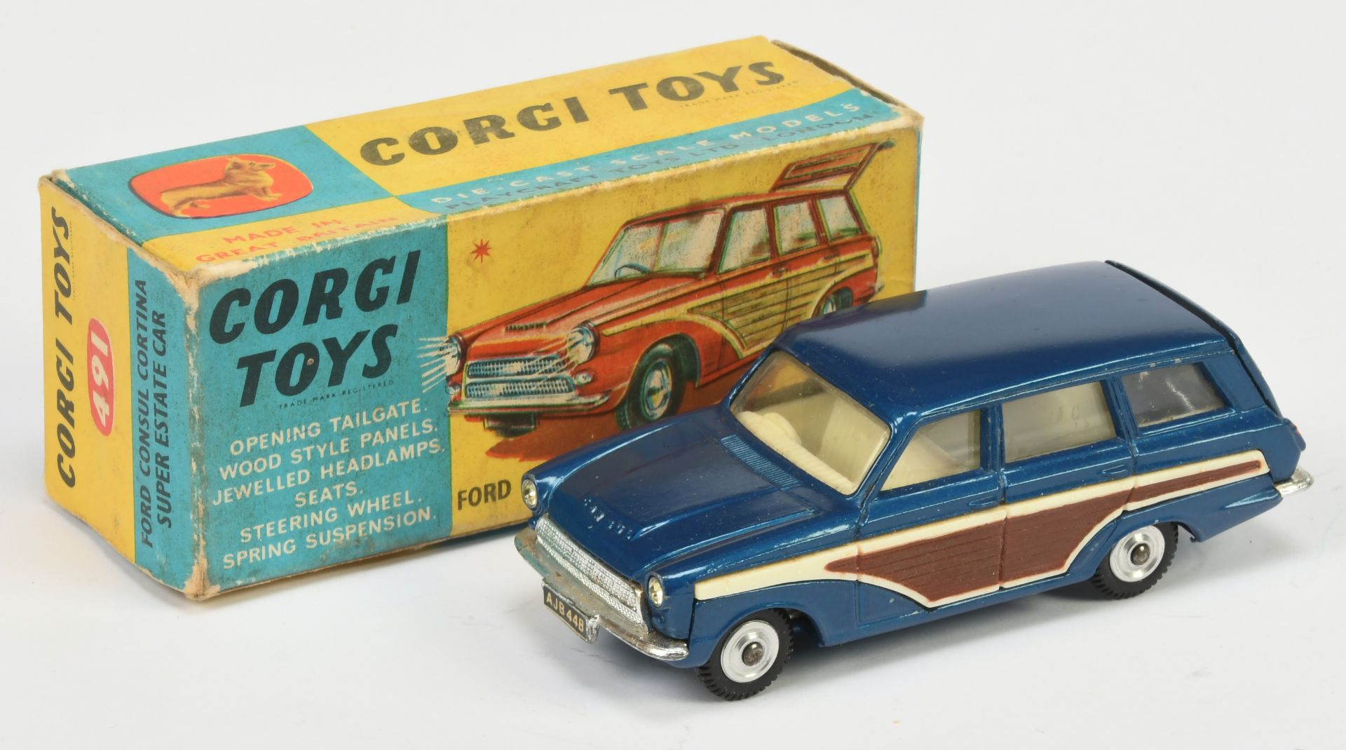 Corgi Toys 491 Ford Consul Cortina Super Estate Car - Blue body with wood effect side and rear pa...
