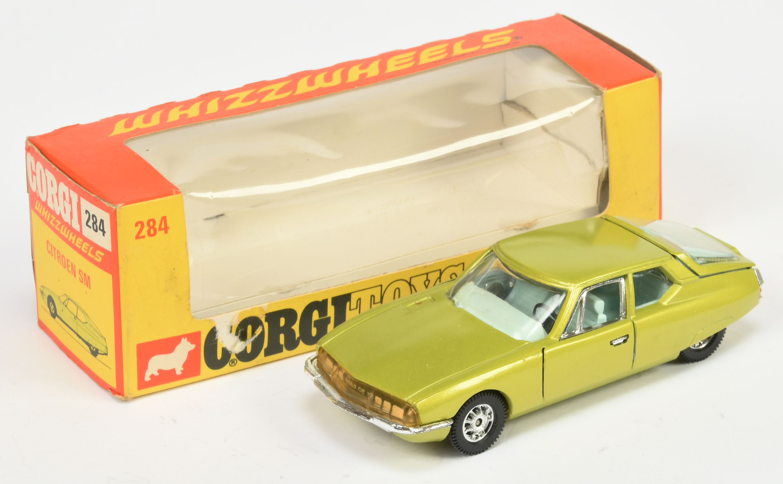 Corgi Toys Whizzwheels 284 Citroen SM - Metallic Lime body, pale blue interior, chrome trim, spok...