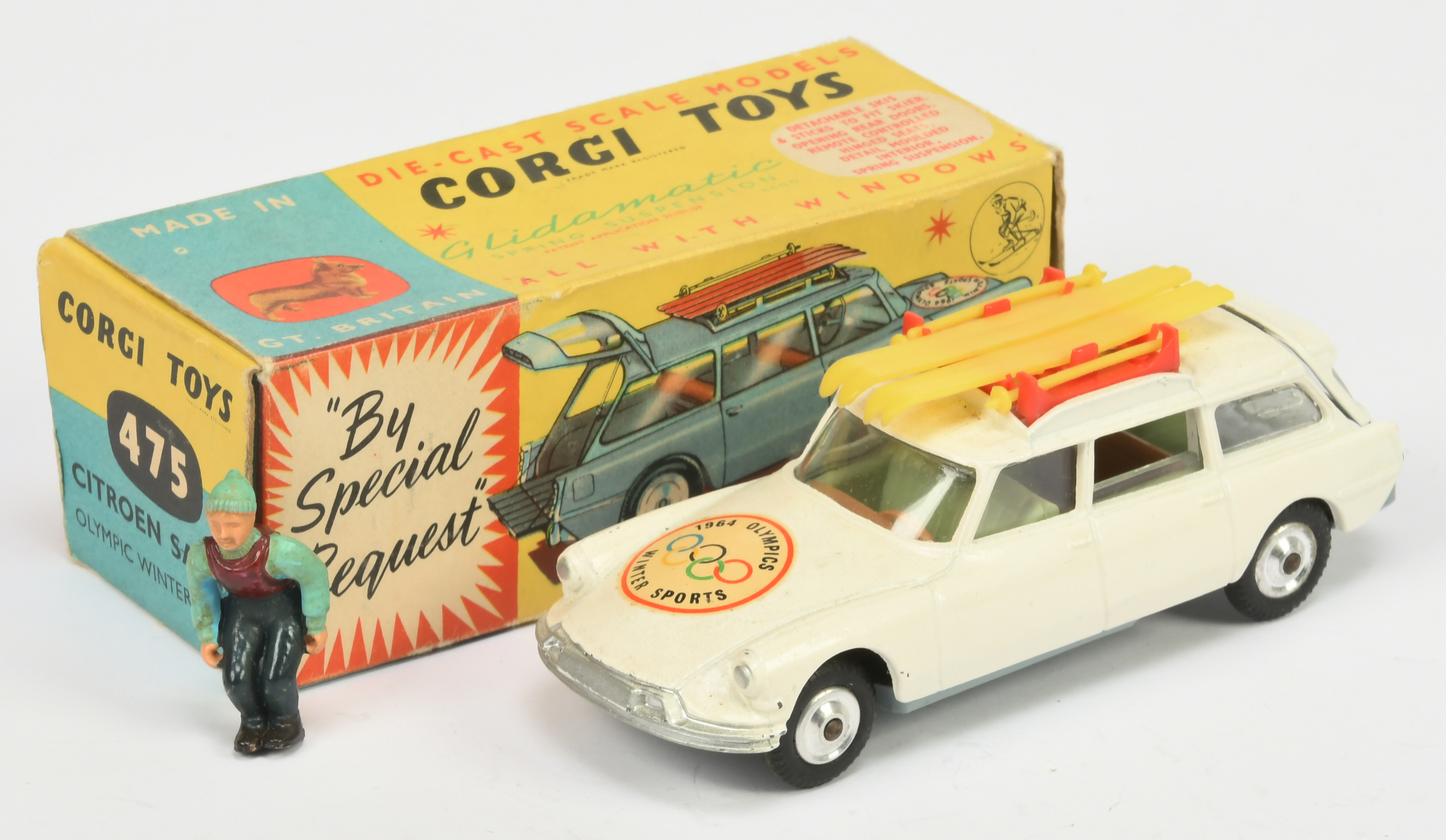 Corgi Toys 475 Citroen Safari "1964 Winter Olympics Sports" - Off White body, silver trim, spun h...