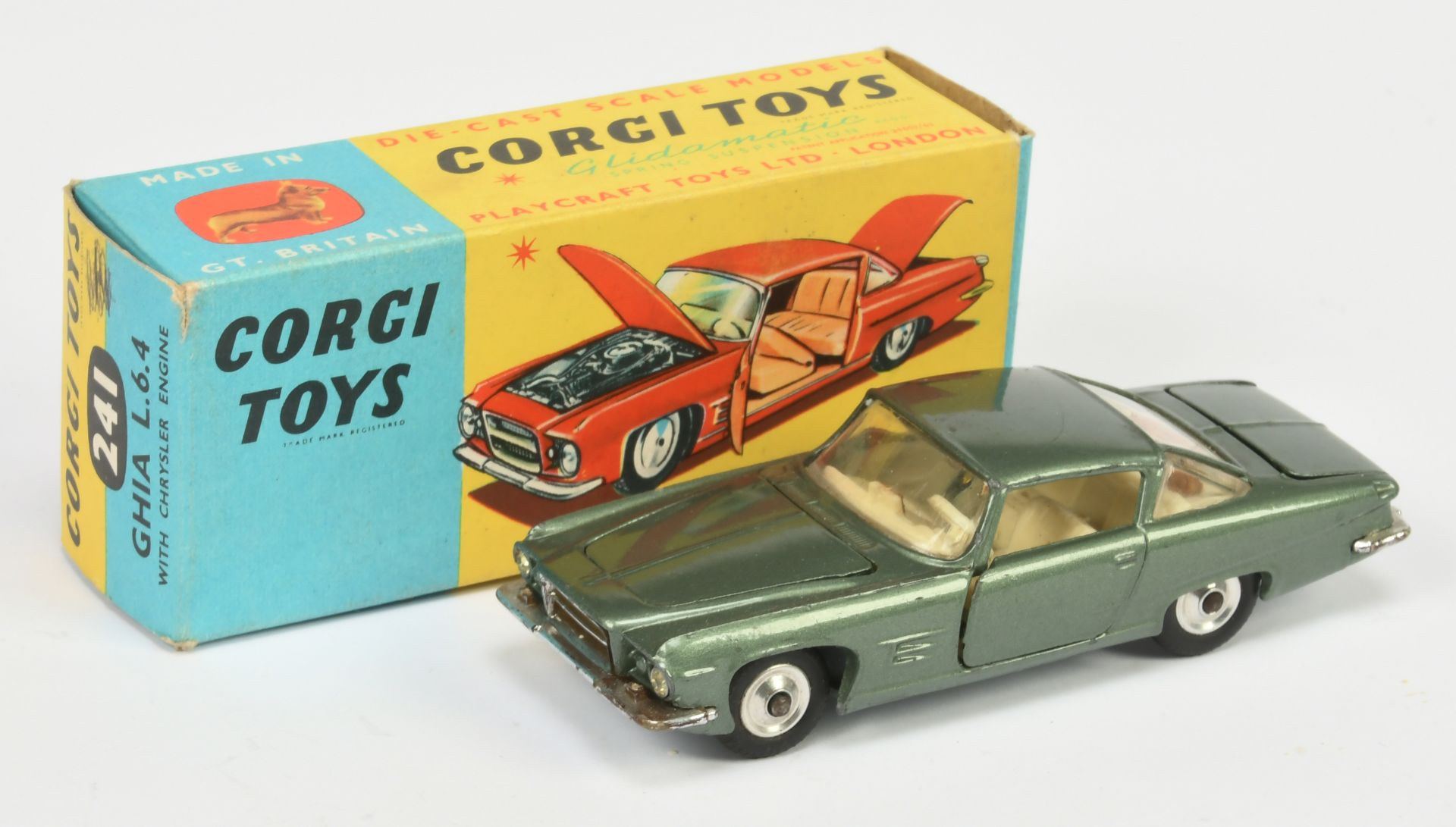 Corgi Toys  241 Ghia L.6.4 - Green body, off white interior, chrome trim, spun hubs - Good Plus b...