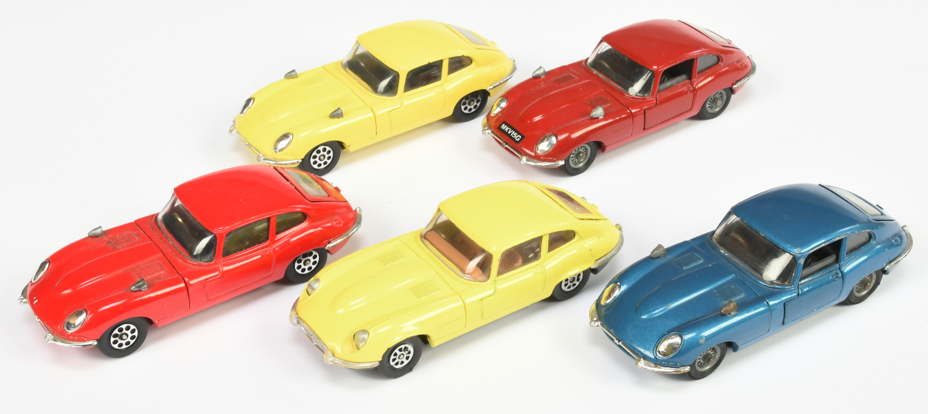 Corgi Toys Unboxed Of Jaguar Type E To Include - (1) Blue body, wire wheels, (2) Same but red, (3...