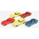 Corgi Toys Unboxed Of Jaguar Type E To Include - (1) Blue body, wire wheels, (2) Same but red, (3...