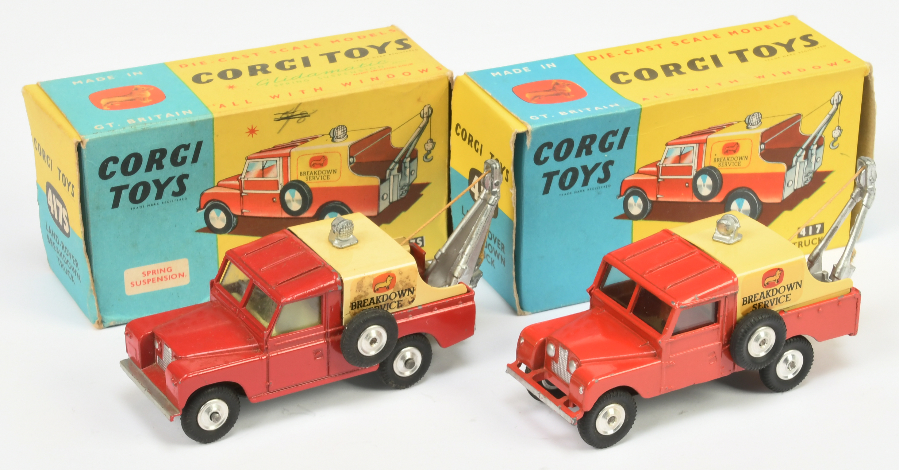 Corgi Toys 417 Land Rover Breakdown Truck "Breakdown Service" - Red body, yellow metal tilt, silv...