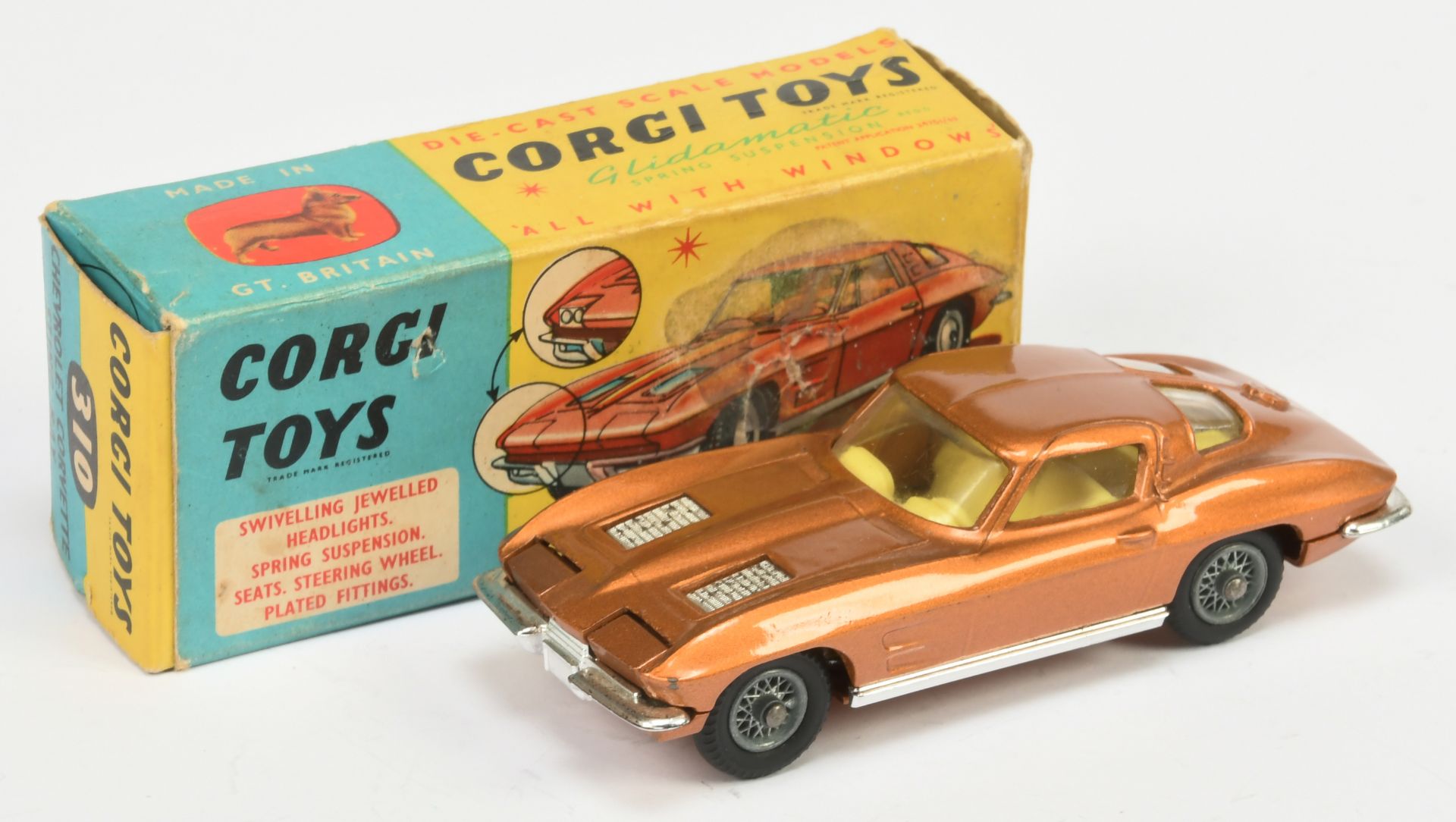 Corgi Toys 310 Chevrolet Corvette Stingray - Metallic bronze body, lemon interior, chrome trim an...