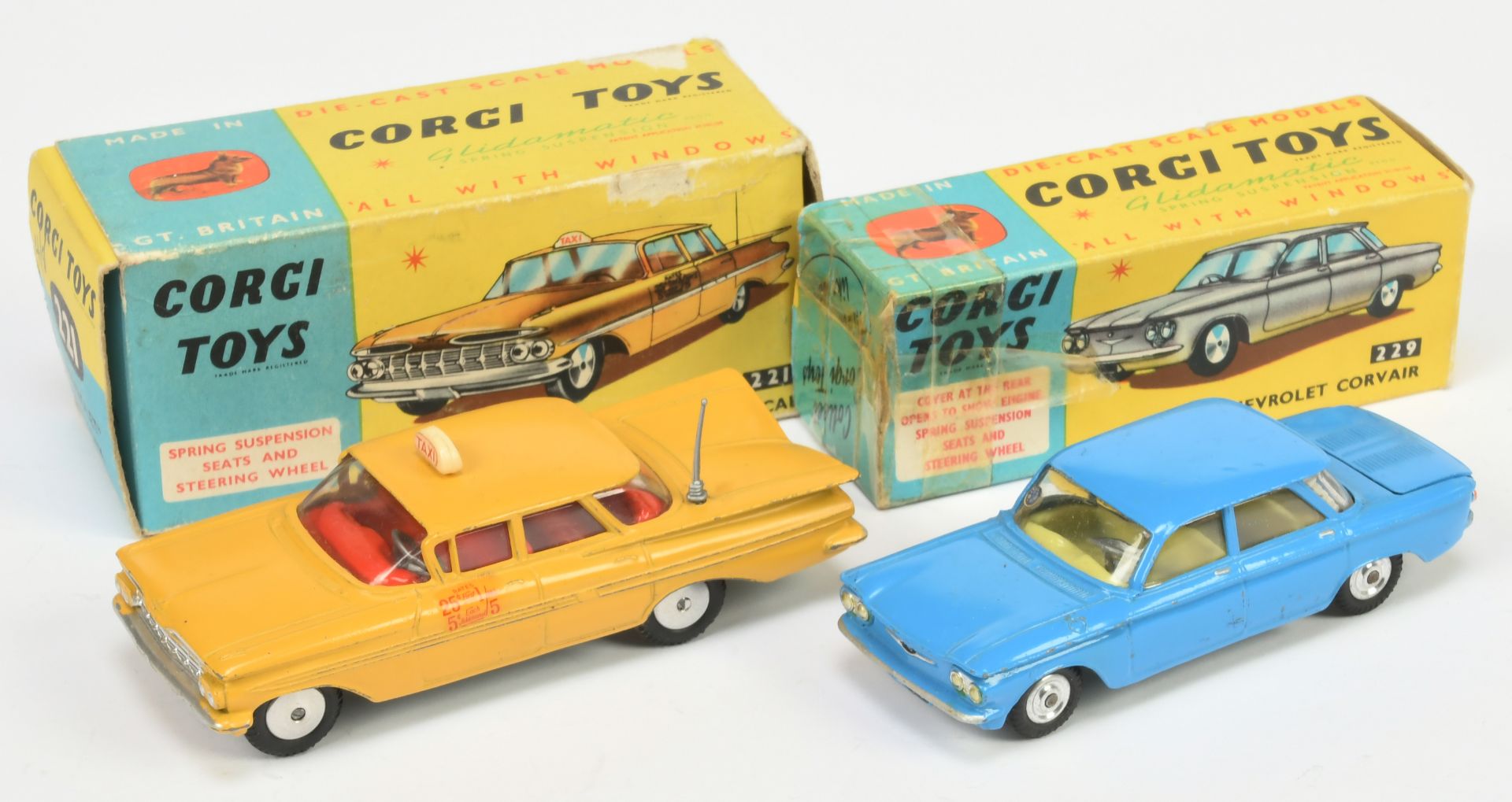 Corgi Toys 221 Chevrolet Impala "New York Taxi" - Yellow Body, red interior, silver trim, flat sp...