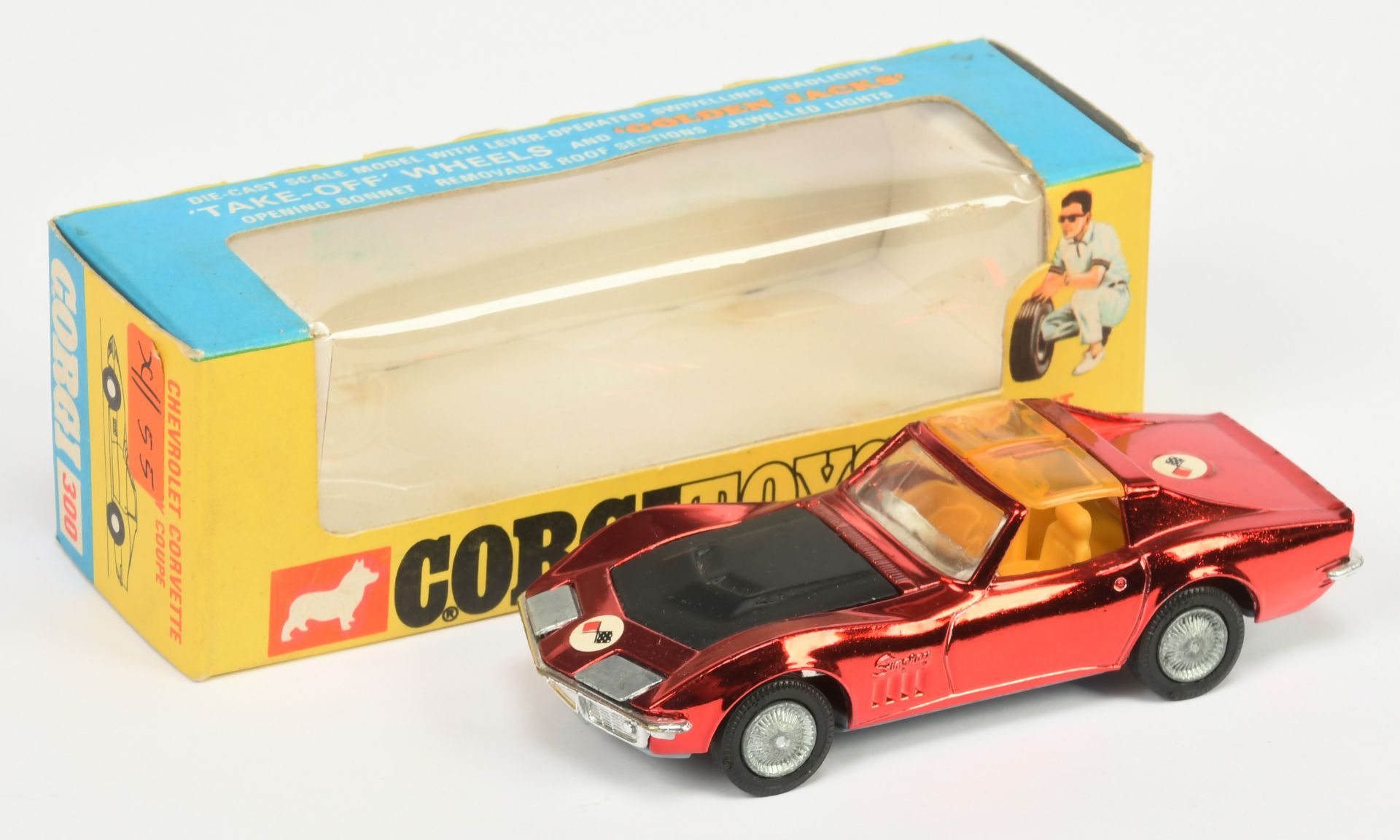 Corgi Toys 300 Chevrolet Corvette Stingray - Metallic red body, black bonnet, amber roof panel "G...