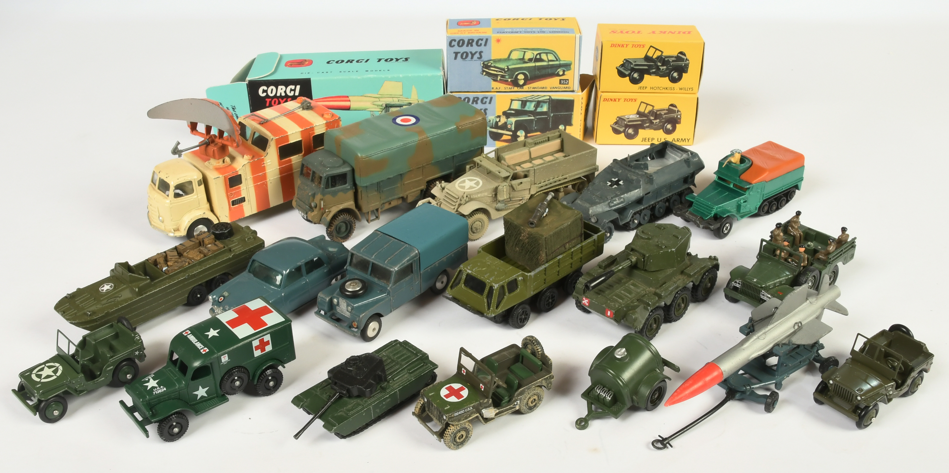 Military Group To Include Corgi Toys 350 Thunderbird Missile, 351 Land Rover, 352 Standard Vangua...