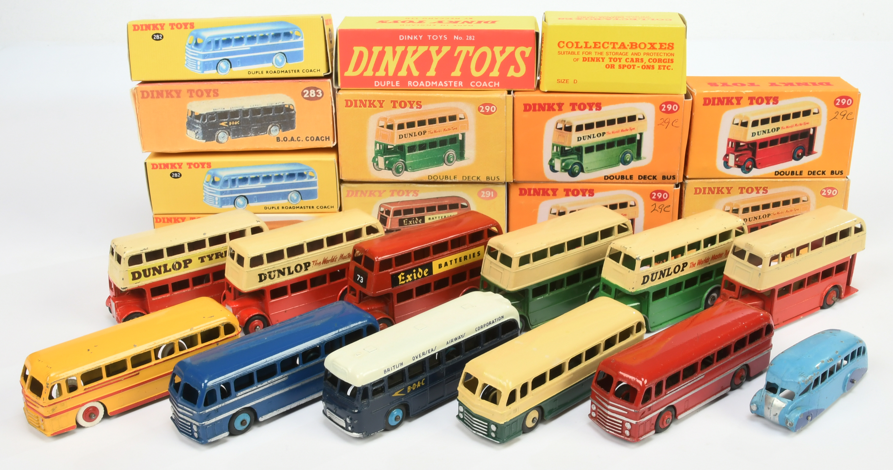 Dinky Toys Group of Buses To Include Streamlined Two-Tone blue, Double Decker " Dunlop", Duple Ro...