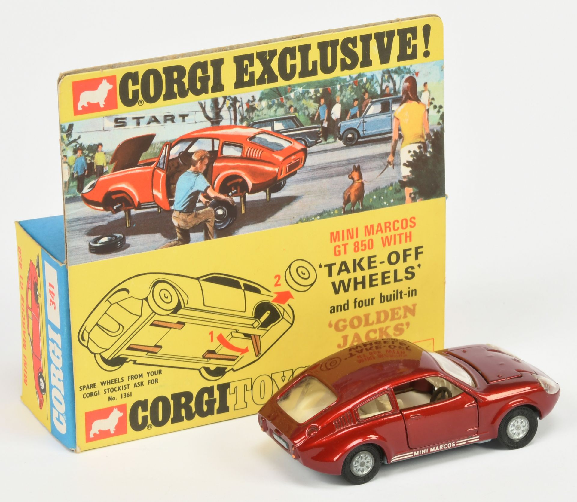 Corgi Toys 341 Marcos 850 GT - Maroon body, ivory interior, "Golden Jacks" Take-Off Wheels - Bild 2 aus 2