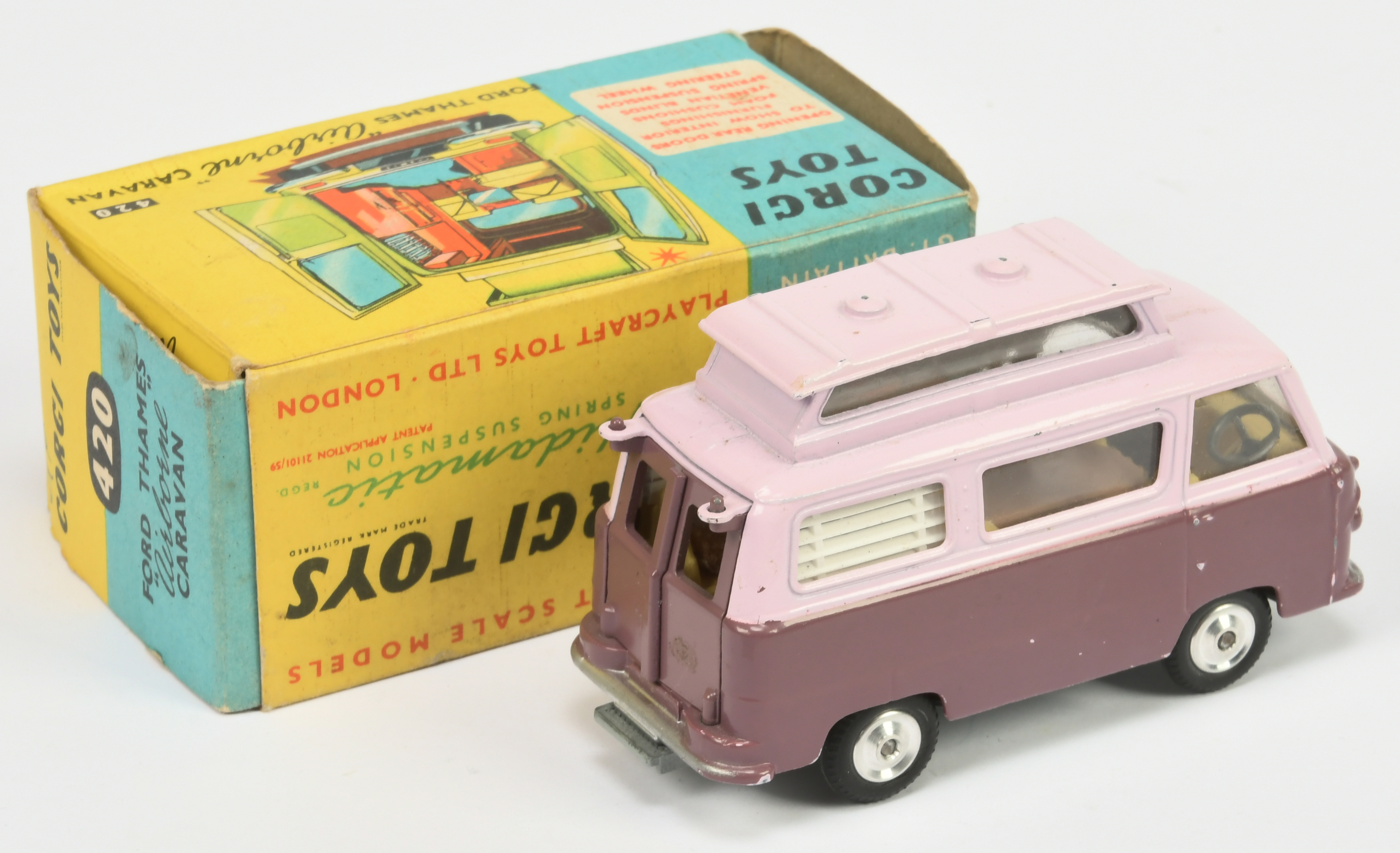 Corgi Toys 420 Ford Thames  Airborne Caravan - Two-Tone Mauve and deep pink, silver trim and spun... - Image 2 of 2