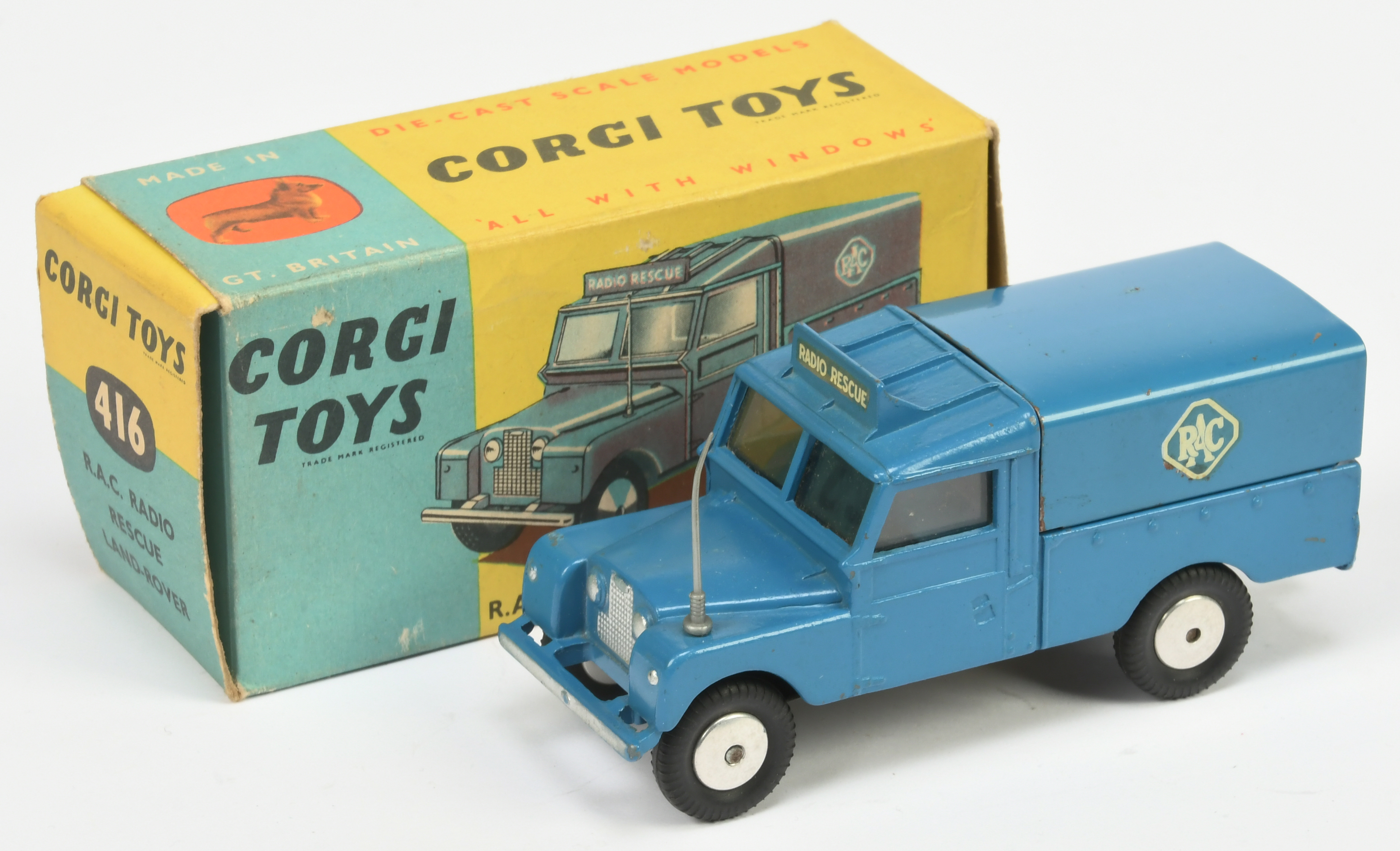 Corgi Toys 416 Land Rover "RAC Radio Rescue" - Blue body, roof box and metal tilt, silver trim, f...