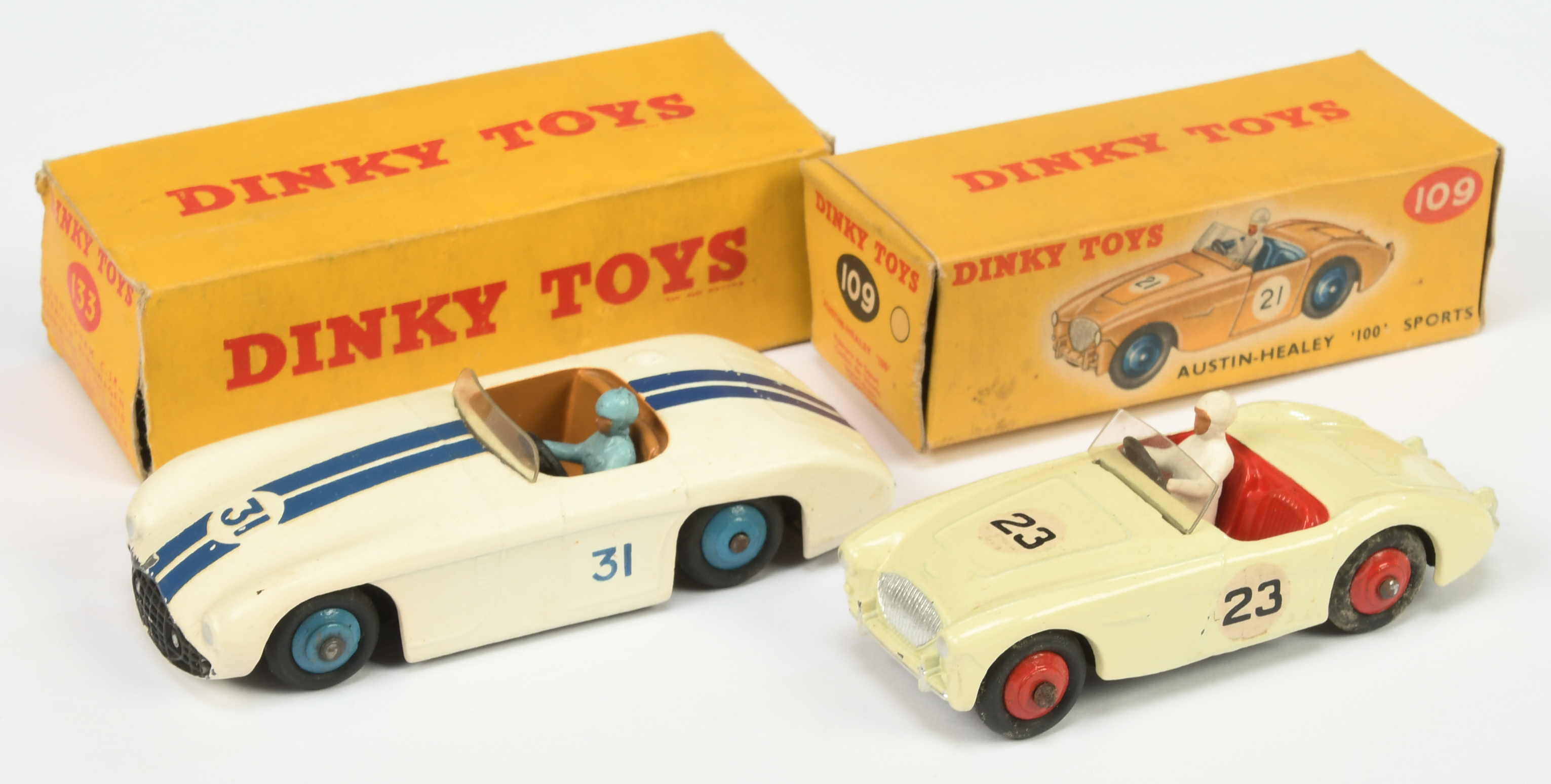 Dinky Toys A Pair Of racing Cars - (1) 108 Austin Healey - Cream, red seats and hubs, silver trim...