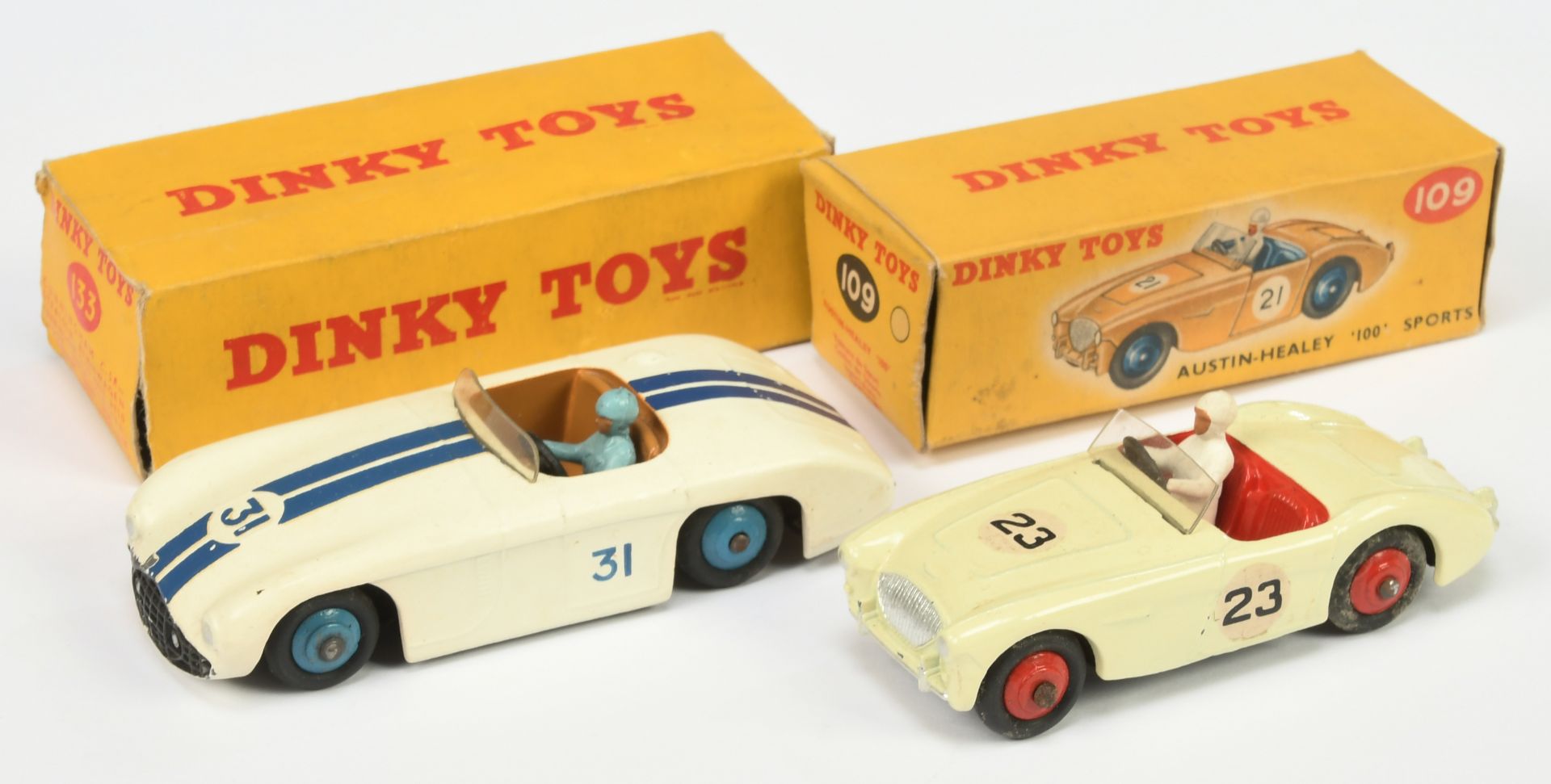 Dinky Toys A Pair Of racing Cars - (1) 108 Austin Healey - Cream, red seats and hubs, silver trim...