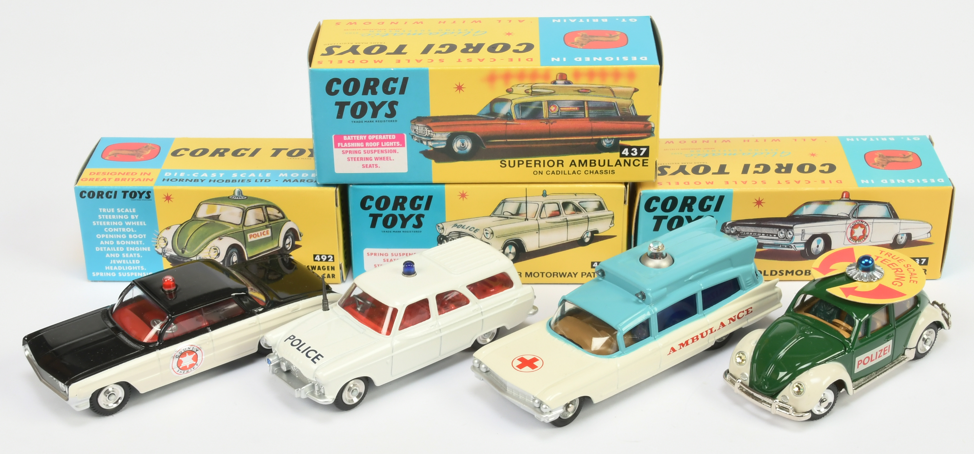 Corgi Toys Group Of 4 - (1) 237 "County Sheriff" Oldsmobile (2) 419 "Police" Ford Zephyr, (3) 437...