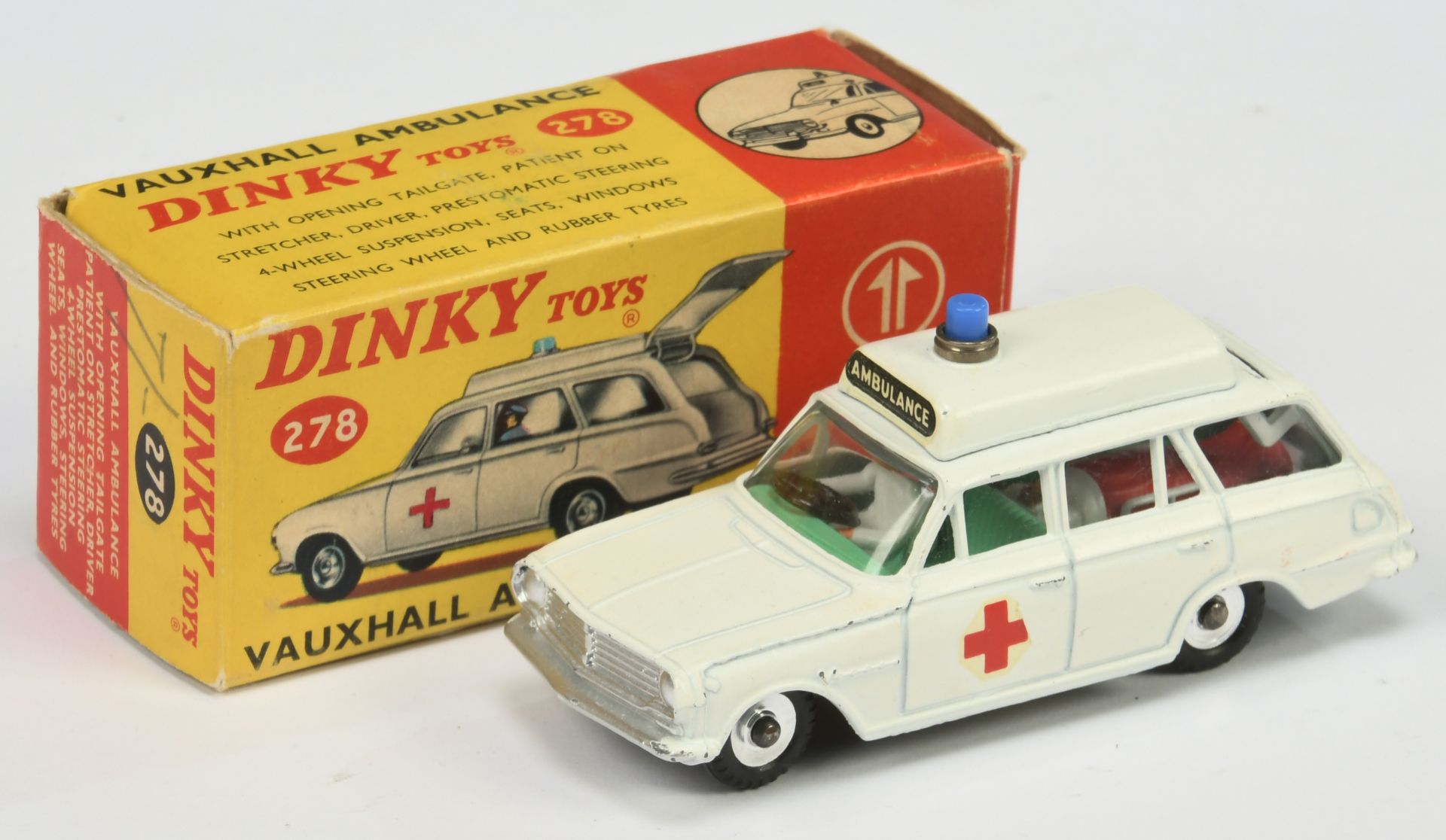Dinky Toys 278 Vauxhall Estate "Ambulance" - White body, green interior with figure and patient o...