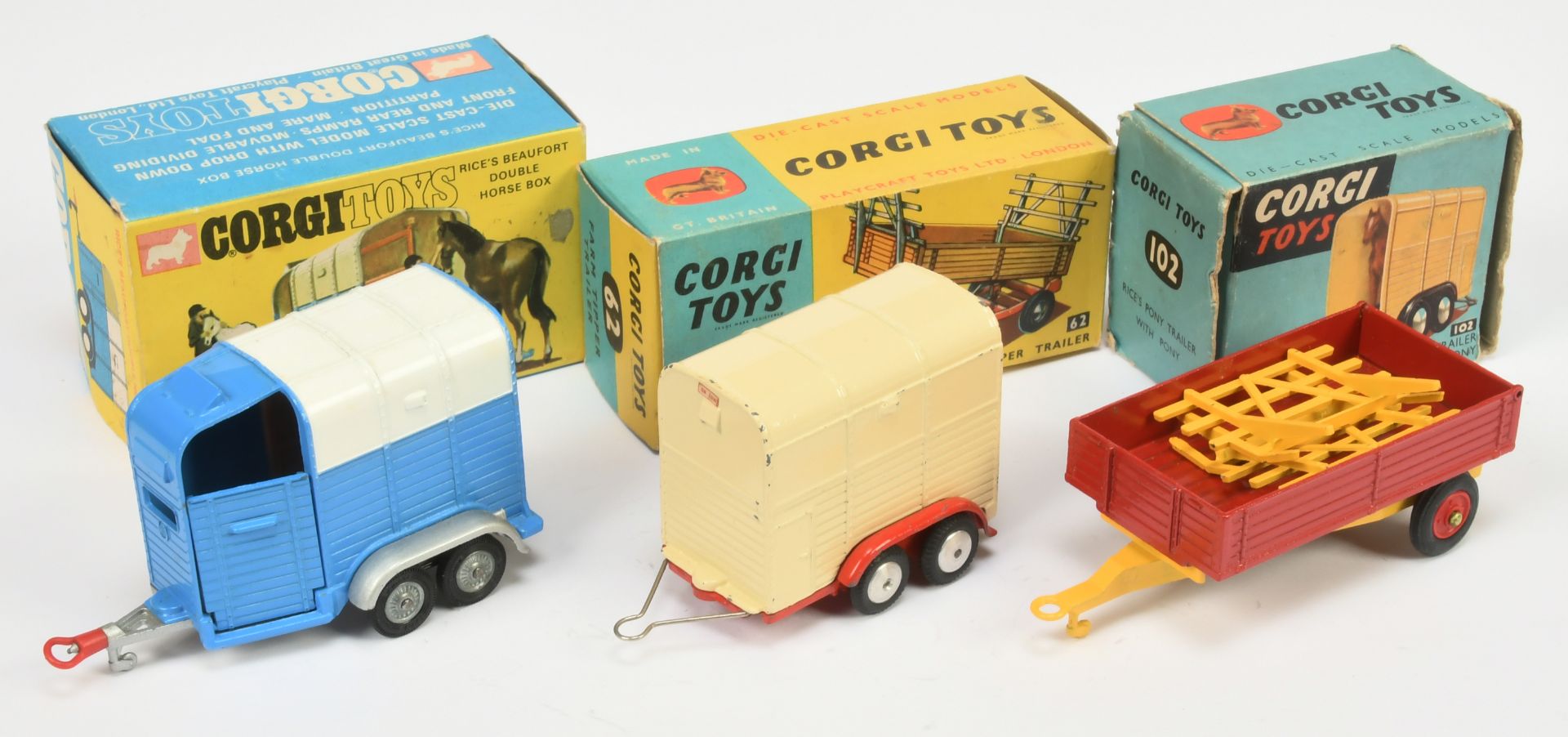 Corgi Toys Group Of Trailers - (1) 62 Tipping - Red including hubs, yellow including detachable r...