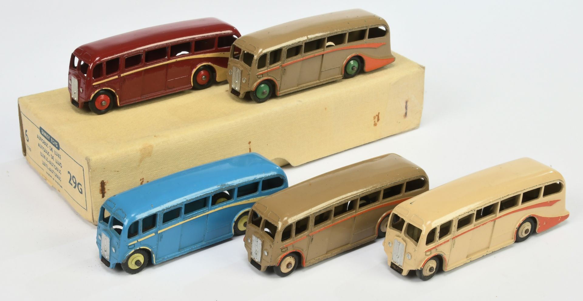 Dinky Toys 29G Trade Pack Luxury Coach - Containing 5 Examples - (1) mid-blue, yellow hubs, (2) M...