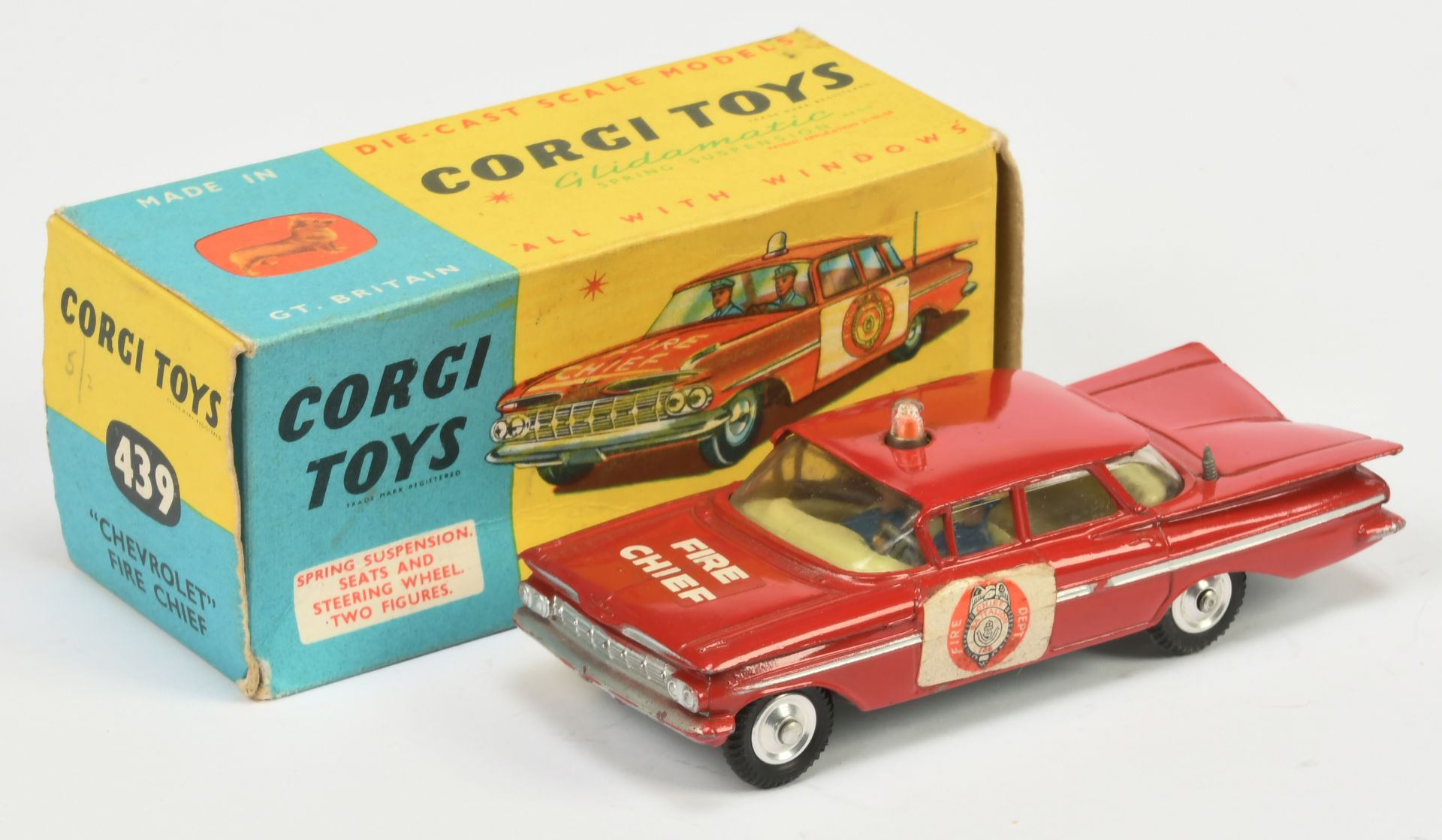 Corgi Toys 439 Chevrolet Impala "Fire Chief" - Red, lemon interior with figures, silver trim, spu...