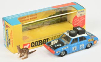 Corgi Toys 302 Hillman Hunter "London To Sydney Marathon Winner" - Blue body, white roof, black b...