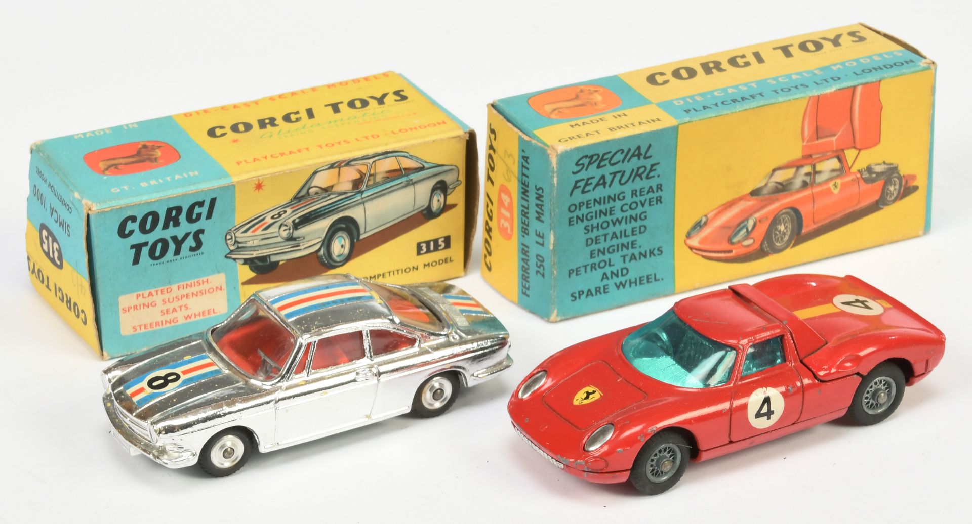 Corgi Toys A Pair - (1) 314 Ferrari 250 Le Mans Berlinetta - Red body, blue windows, wire wheels,...