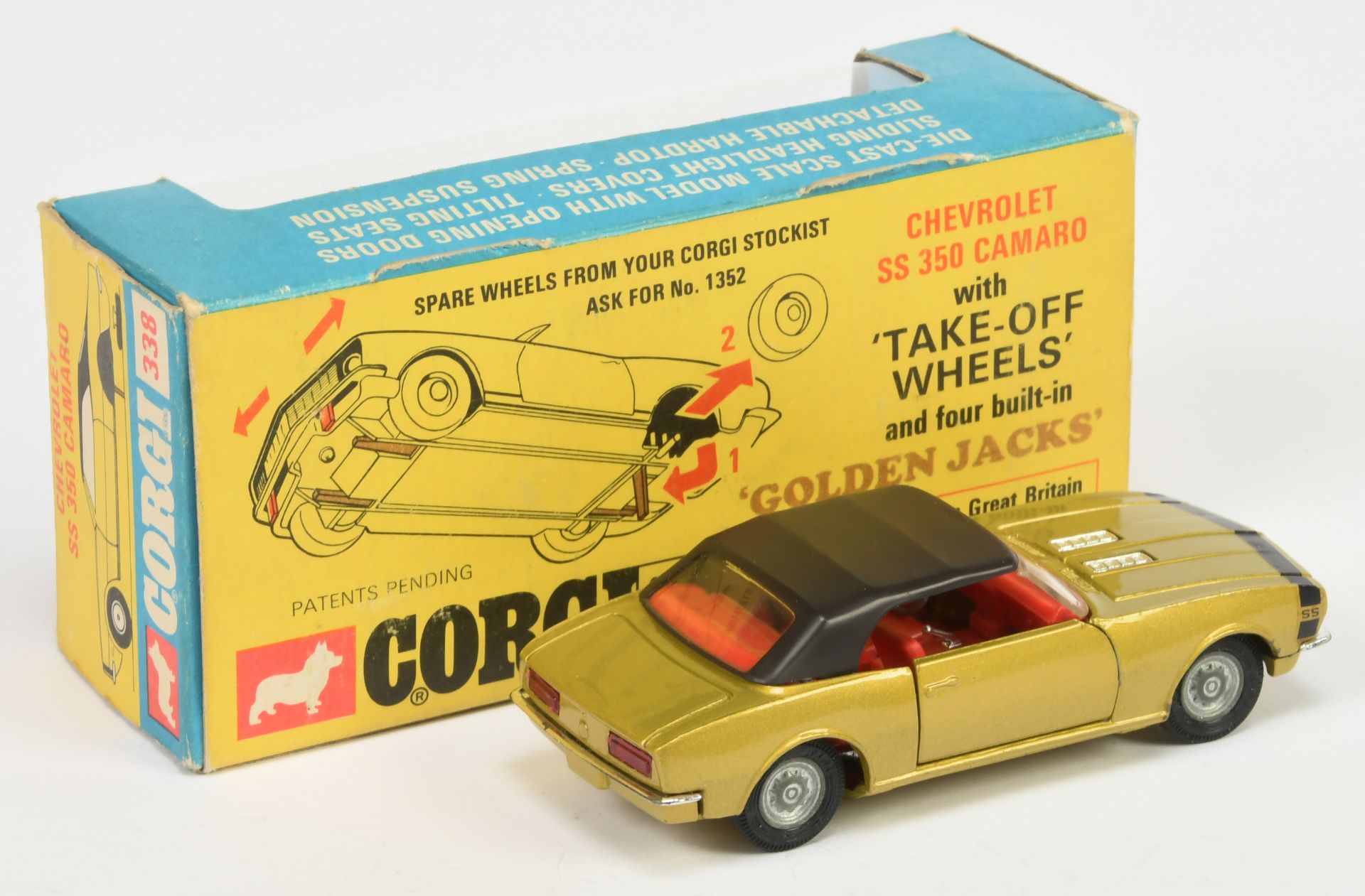 Corgi Toys 338 Chevrolet SS350 Camaro - Lime body, red interior, chrome trim and "Golden Jacks" T... - Image 2 of 2