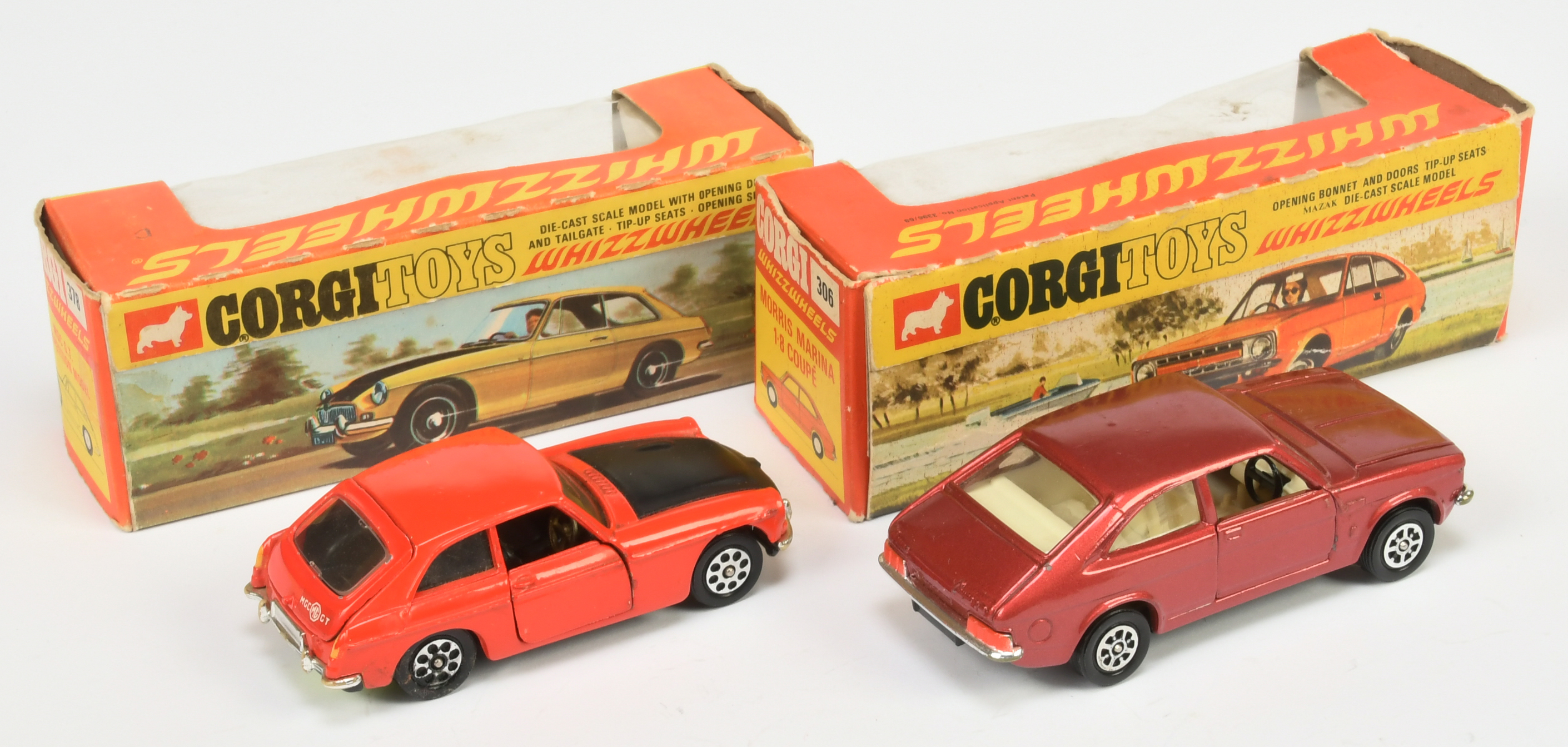 Corgi Toys Whizzwheels A Pair - (1) 306 Morris Marina 1.8 Coupe - Metallic reddish-Maroon, ivory ... - Image 2 of 2