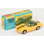 Corgi Toys 319 Lotus Elan Coupe  - Yellow body, green hood and stripes, ivory interior, chrome de...