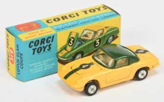 Corgi Toys 319 Lotus Elan Coupe  - Yellow body, green hood and stripes, ivory interior, chrome de...