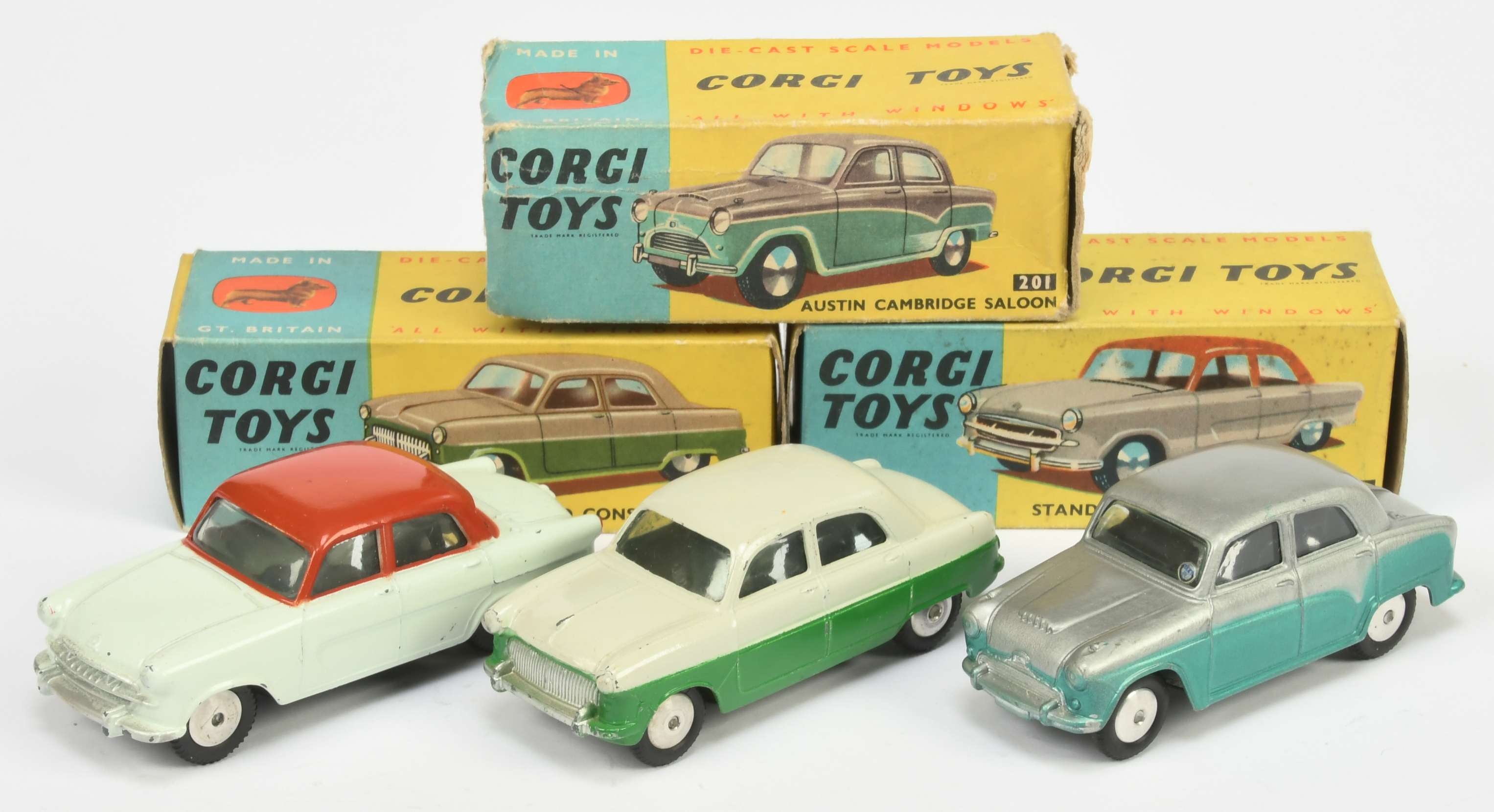 Corgi Toys Group Of 3 - (1) 200 Ford Consul  - Two-Tone Pale grey over green, silver trim and fla...