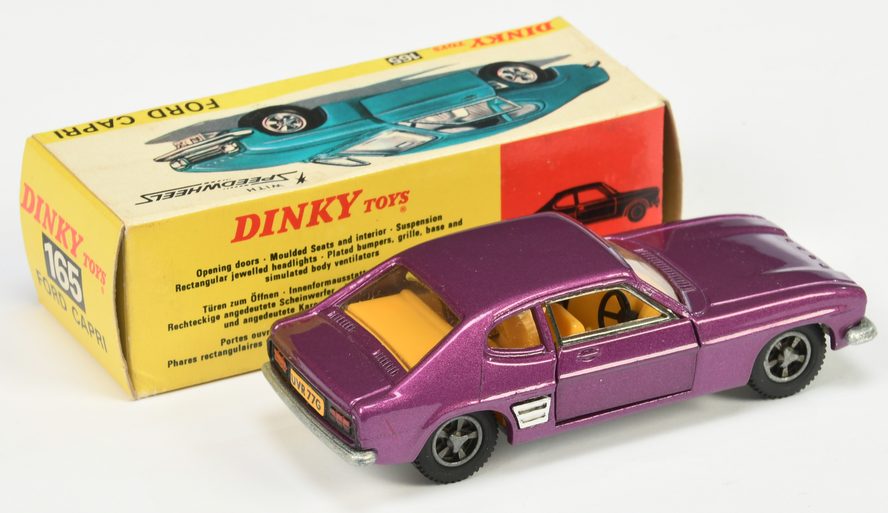 Dinky Toys 165 Ford Capri - Purple body, yellow interior, chrome trim and cast hubs  - Image 2 of 2