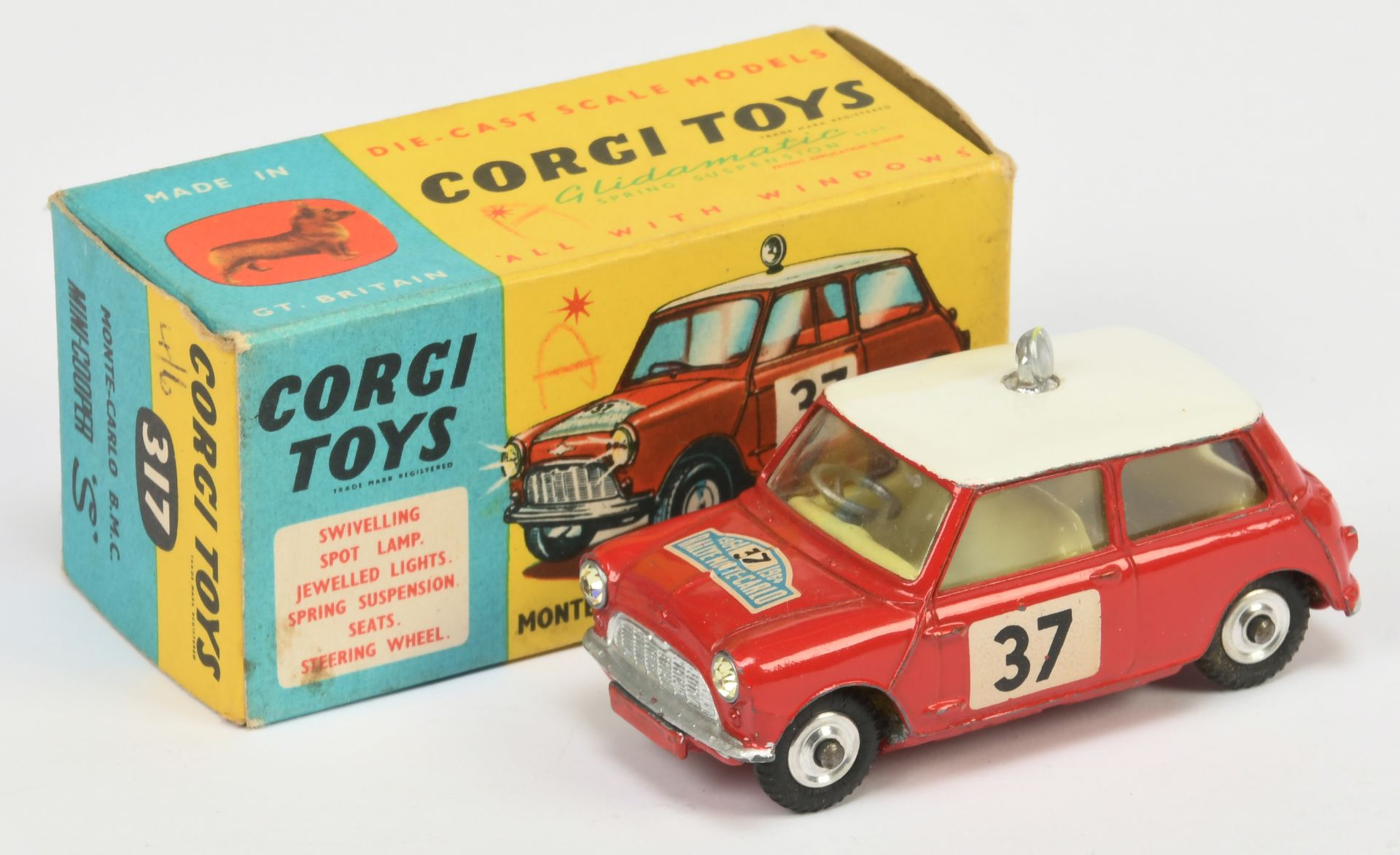 Corgi Toys 317 Morris Mini Cooper "Rallye Monte Carlo" - Red body, white roof with chrome spotlig...