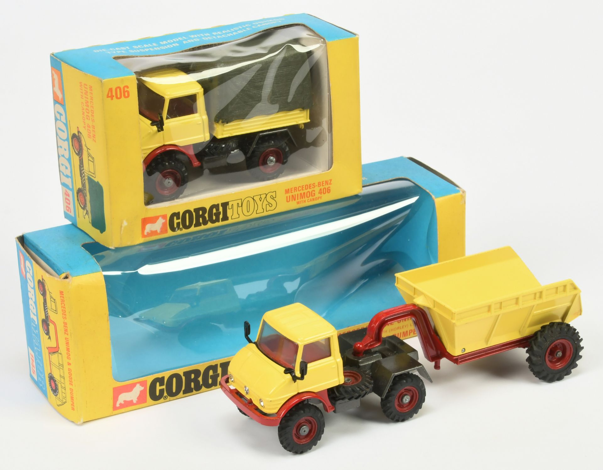 Corgi Toys 406 Mercedes Unimog 406 - yellow cab and back, red including interior, graphite chassi...