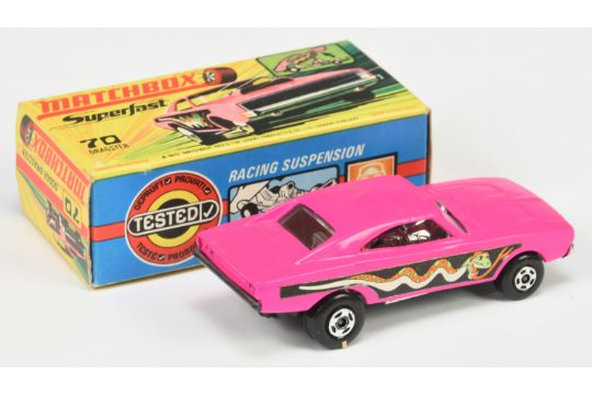 Matchbox Superfast 70b Dodge charger Dragster - dark pink body with light green snake label, glos... - Image 2 of 2