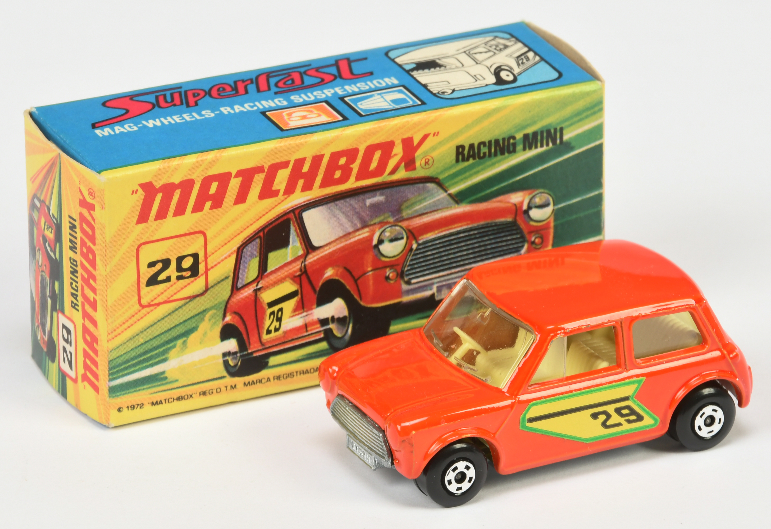 Matchbox Superfast 29b Racing Mini - burnt orange body with green Outline racing No.29 door label...