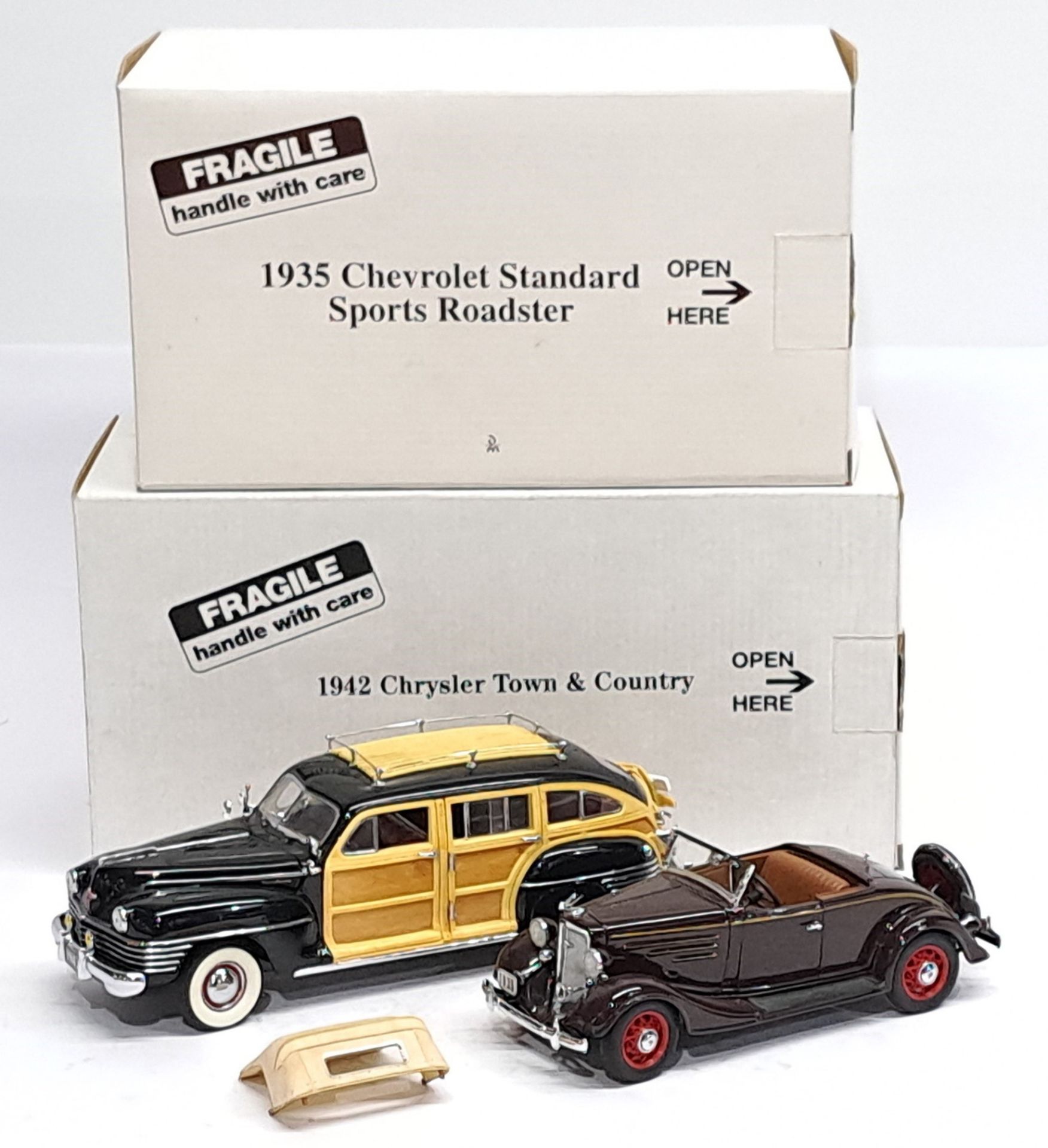 Danbury Mint, 1:24 scale, 1935 Chevrolet Standard Sports Roadster & 1942 Chrysler Town & Country,...