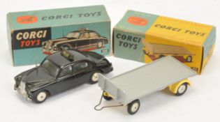 Corgi Toys A Pair - (1) 101 Trailer - Pale yellow and silver, flat spun hubs and bare metal draw ...