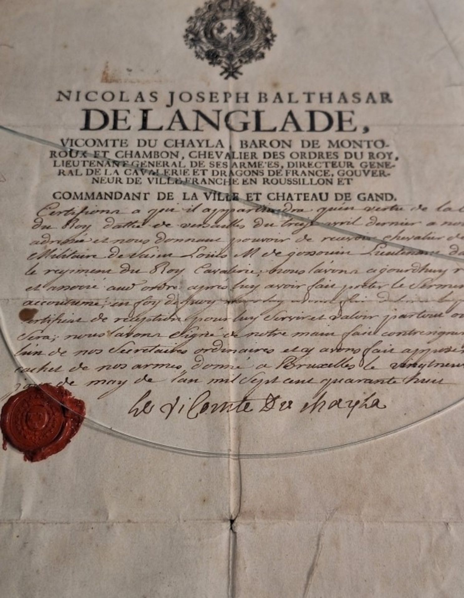 Historische Ernennungsurkunde 1740 Nicholas Joseph Balthazar de l'Anglade - Bild 5 aus 7
