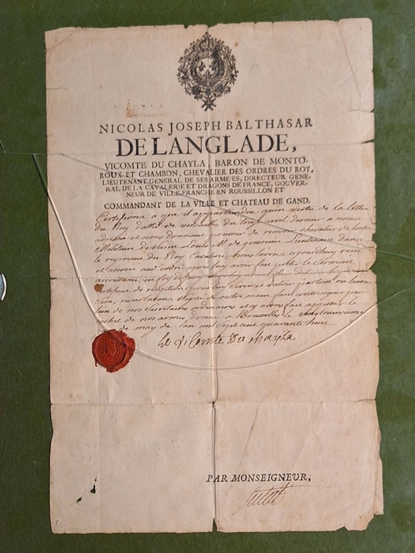 Historische Ernennungsurkunde 1740 Nicholas Joseph Balthazar de l'Anglade
