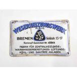 Bremen Weser Heizungswerk Emaille Schild
