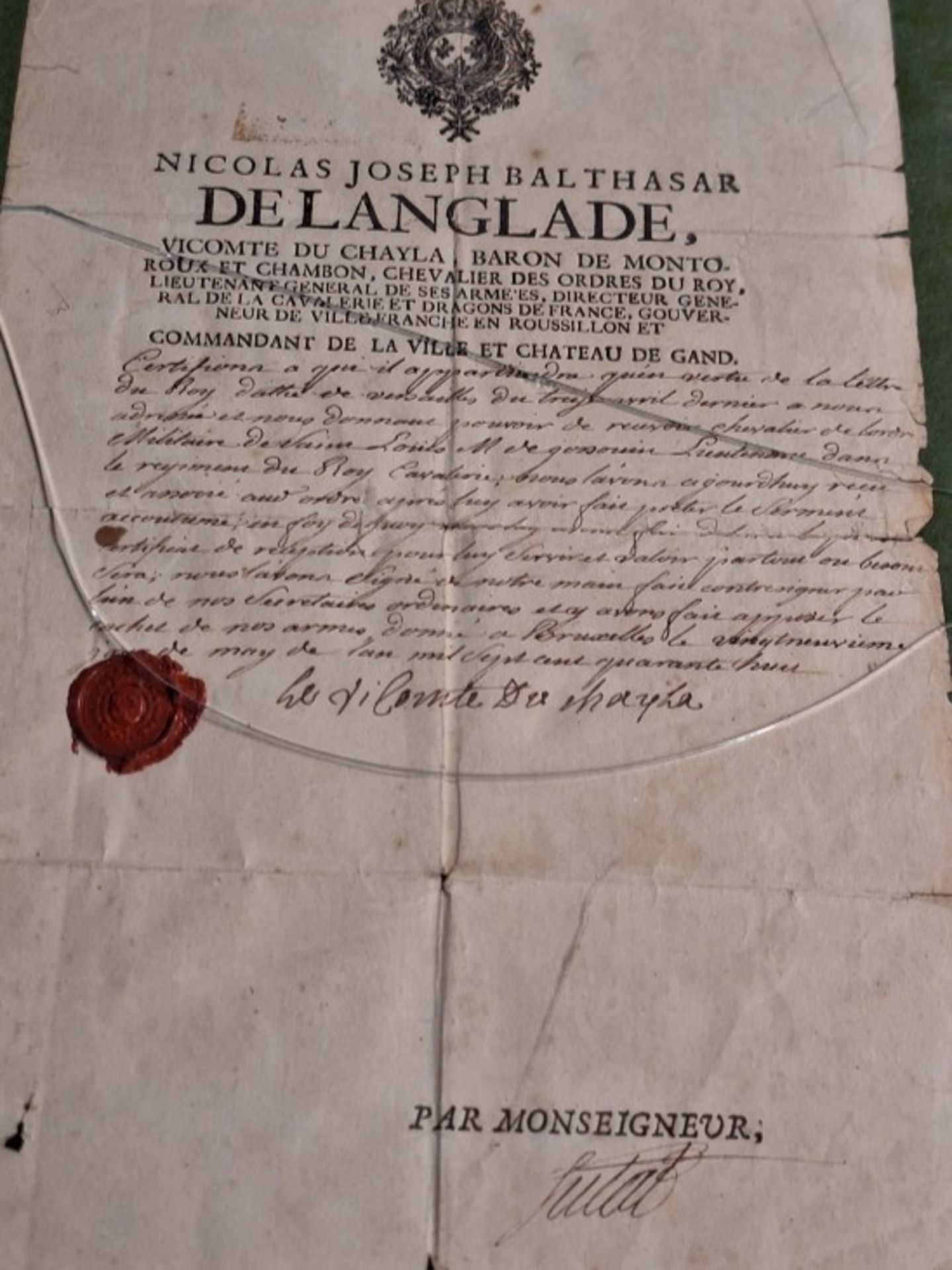 Historische Ernennungsurkunde 1740 Nicholas Joseph Balthazar de l'Anglade - Bild 7 aus 7