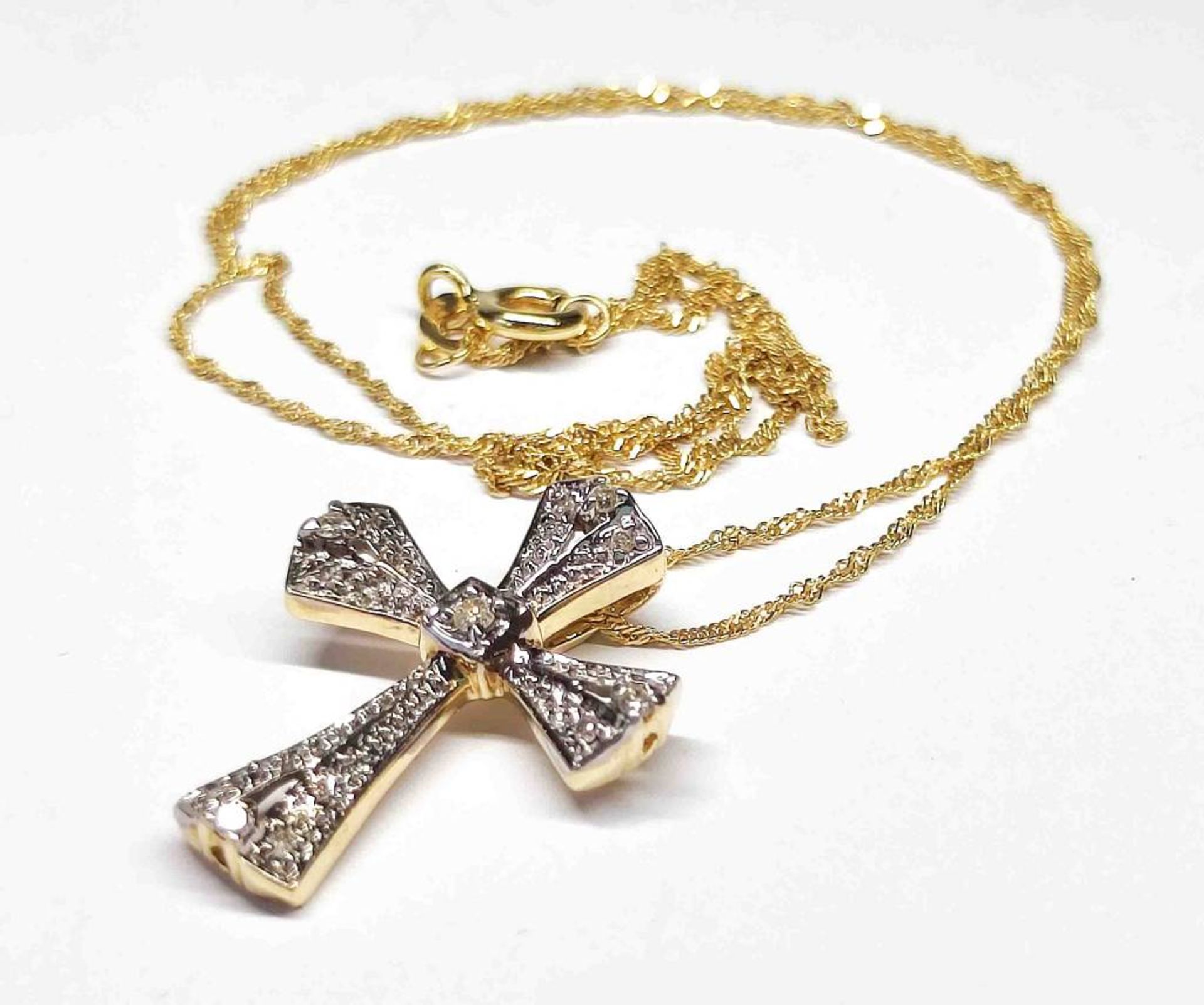 585 14K GG / WG Diamant Kreuz + Kette - Bild 4 aus 4