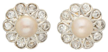 Yellow gold / platinum Art Deco entourage ear studs set with approx. 0.80 ct. old cut diamond and cu