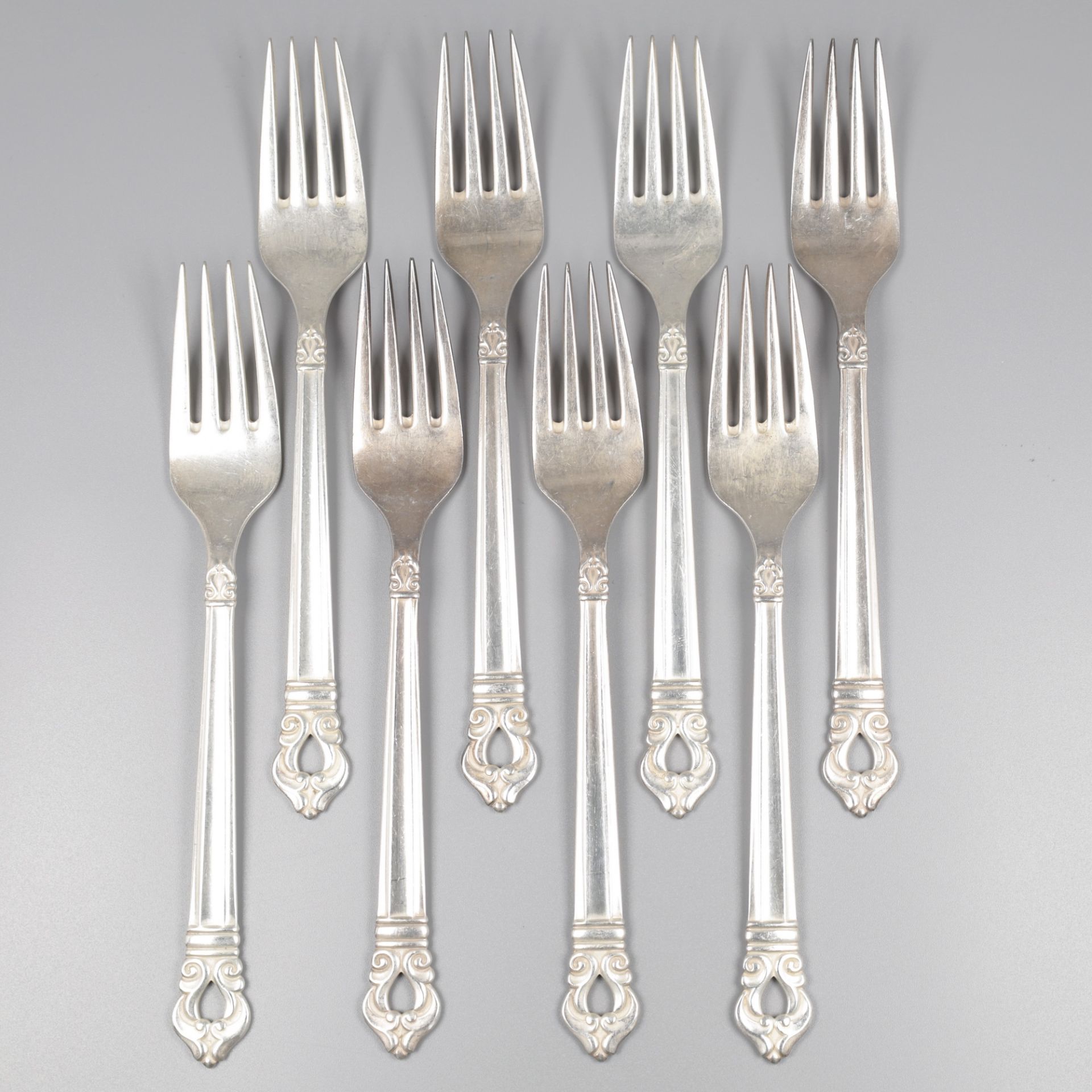 8-piece set of dinner forks, model Royal Danish at Codan S.A. (Mexico), silver.
