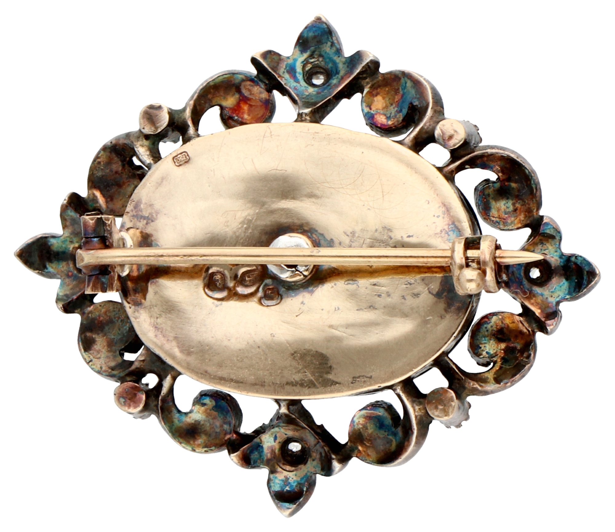 Gold/silver Portuguese brooch set with a cultivated pearl and rose cut diamonds. - Image 2 of 2