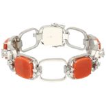 18K White Gold link bracelet set with approx. 1.50 ct. diamond and red coral.