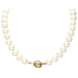 Cultivated pearl necklace with 14K yellow gold ball clasp.