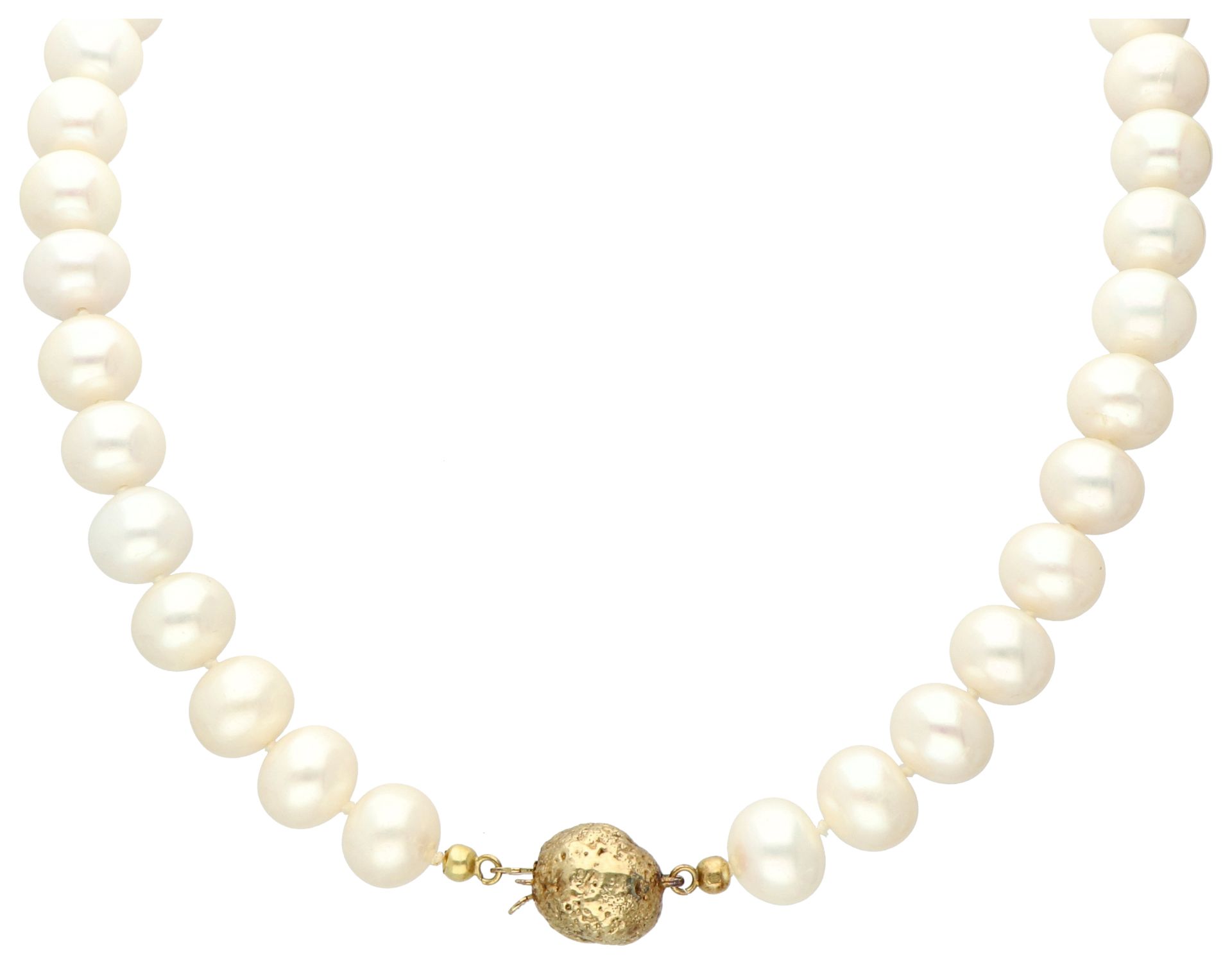 Cultivated pearl necklace with 14K yellow gold ball clasp.