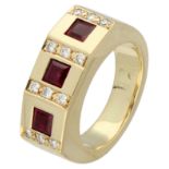 14K Yellow gold ring set with diamond and synthetic ruby.