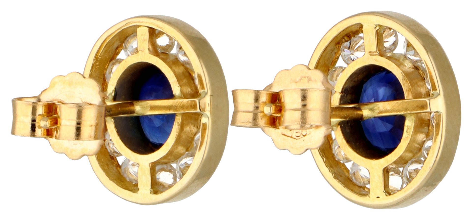 18K Yellow gold ear studs set with approx. 1.50 ct. natural sapphire and approx. 0.70 ct. diamond. - Image 2 of 2